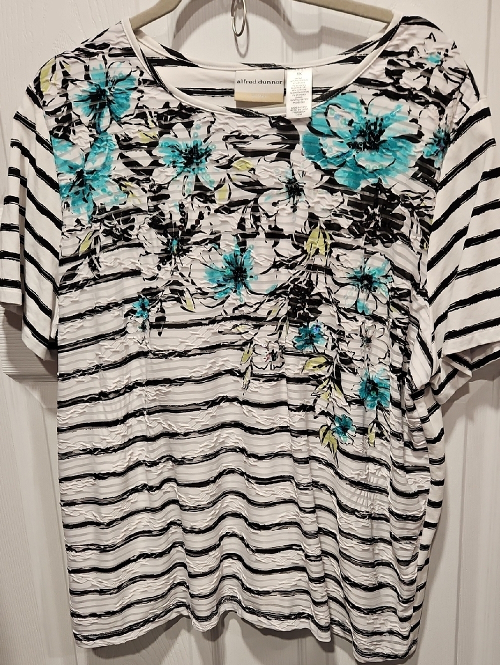 Alfred Dunner White & Black Striped Short-Sleeve Tee with Turquoise Floral Print